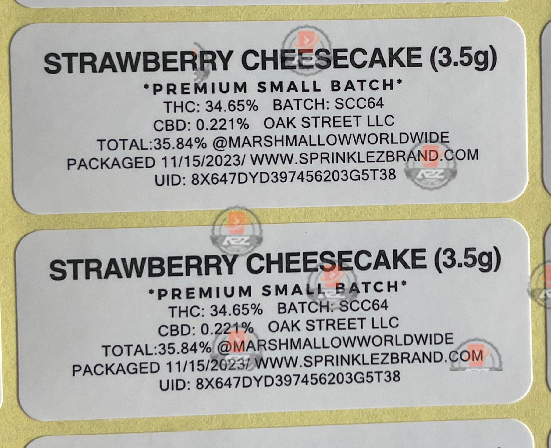 Sprinklez Strawberry Cheesecake Marshmallow Mylar Bags 3.5g Sticker base Bag -With stickers and labels