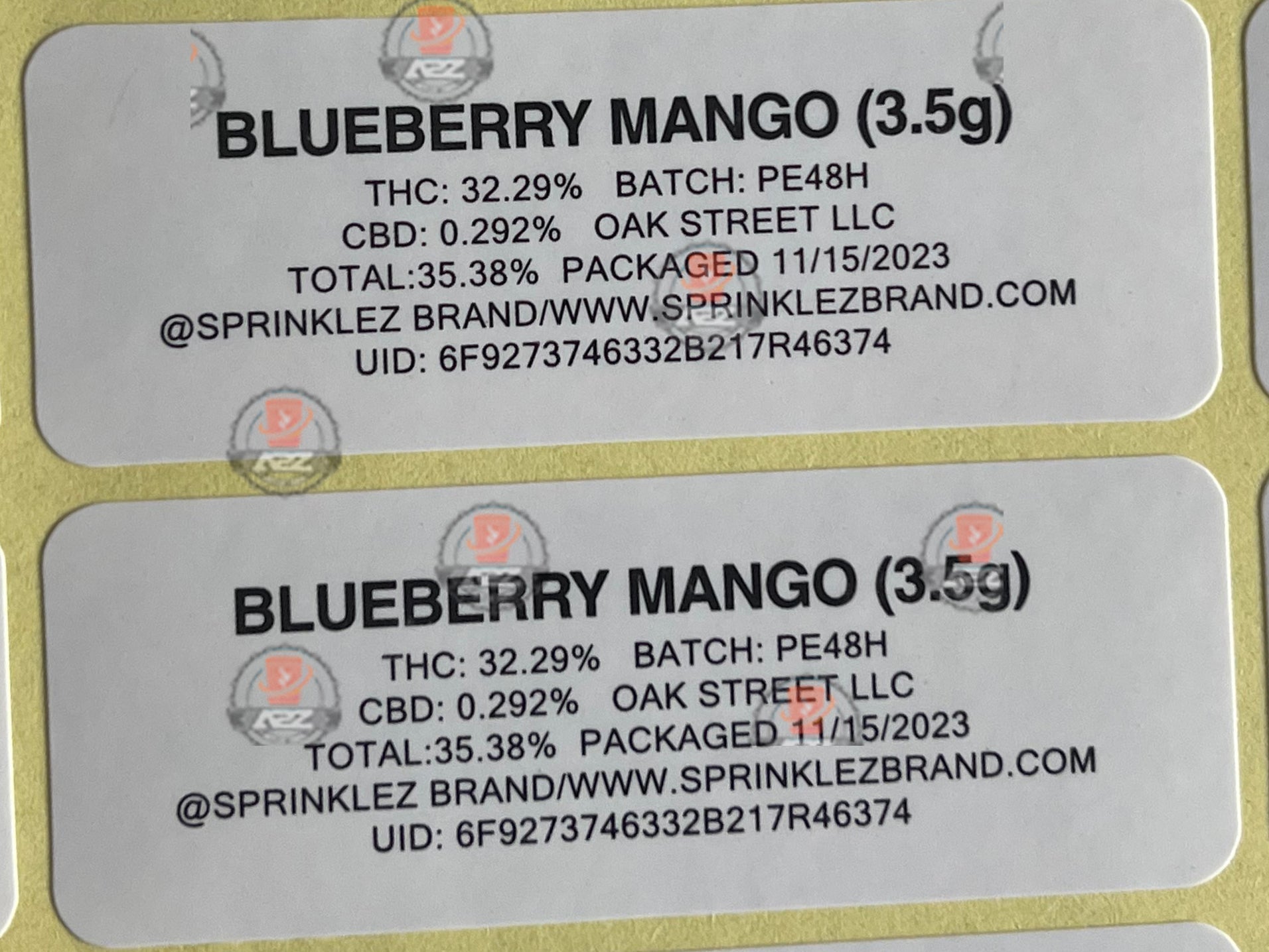 Sprinklez Gumdropz Blueberry Mango Mylar Bags 3.5g Sticker base Bag -With stickers and labels