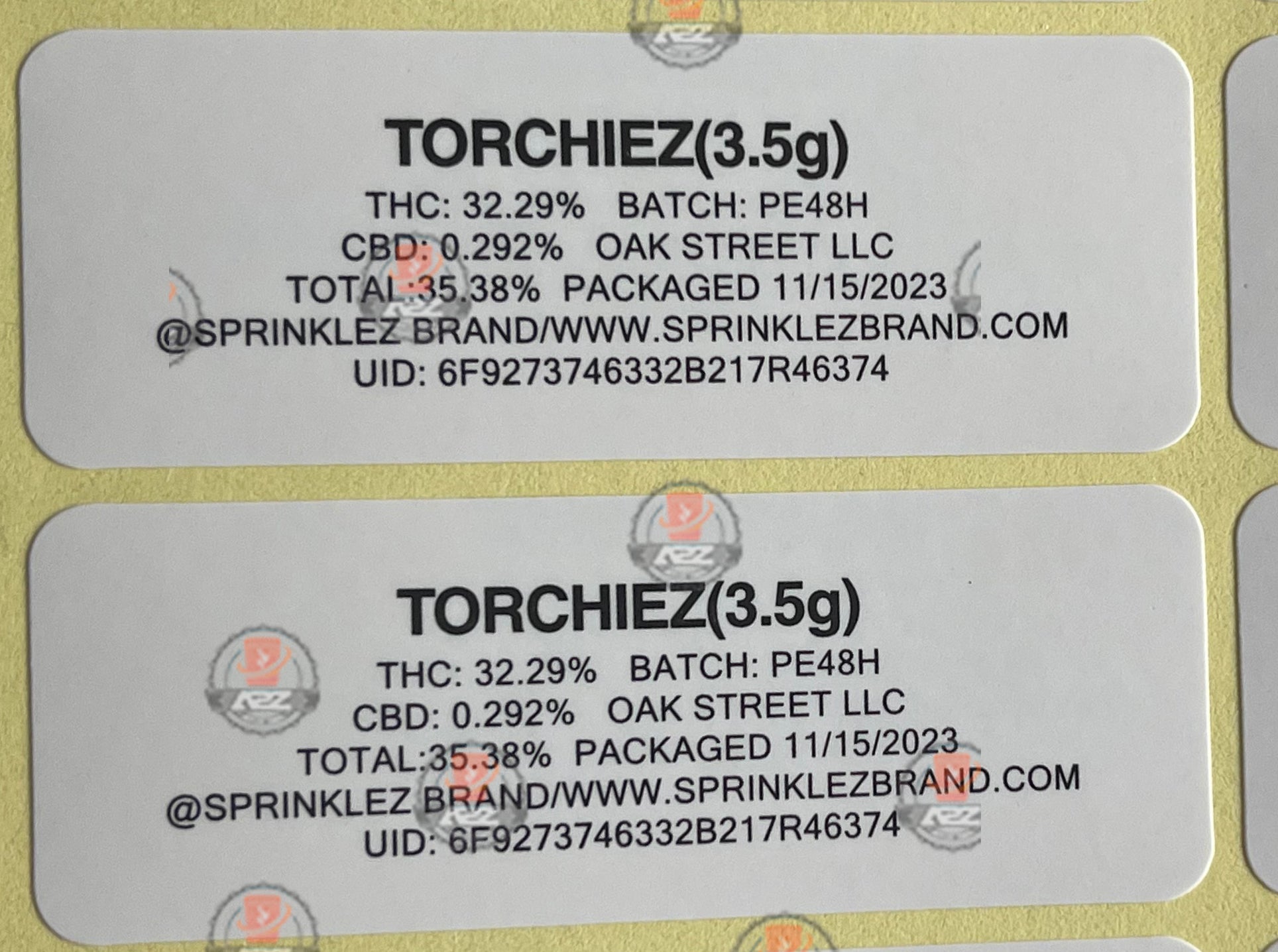 Sprinklez Torchiez Mylar Bags 3.5g Sticker base Bag -With stickers and labels