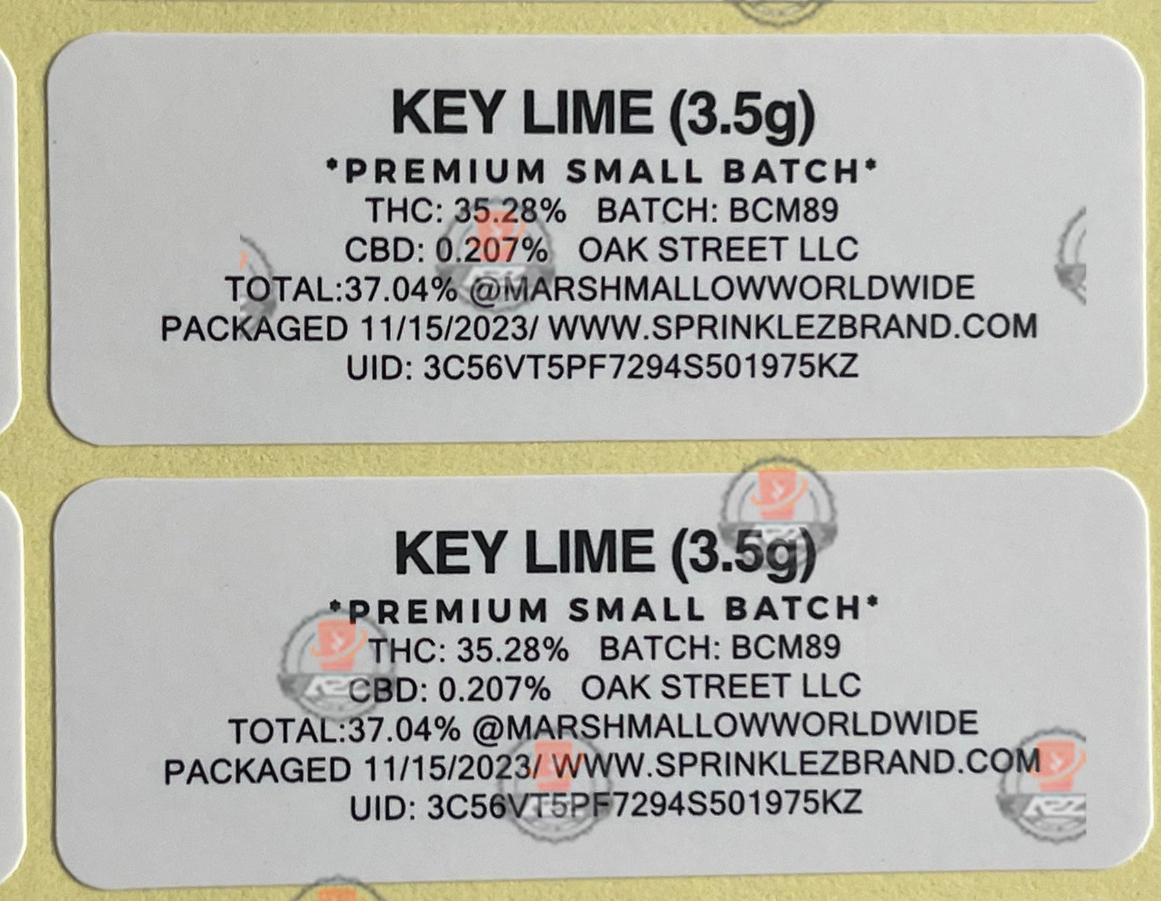 Sprinklez Key Lime Marshmallow Mylar Bags 3.5g Sticker base Bag -With stickers and labels