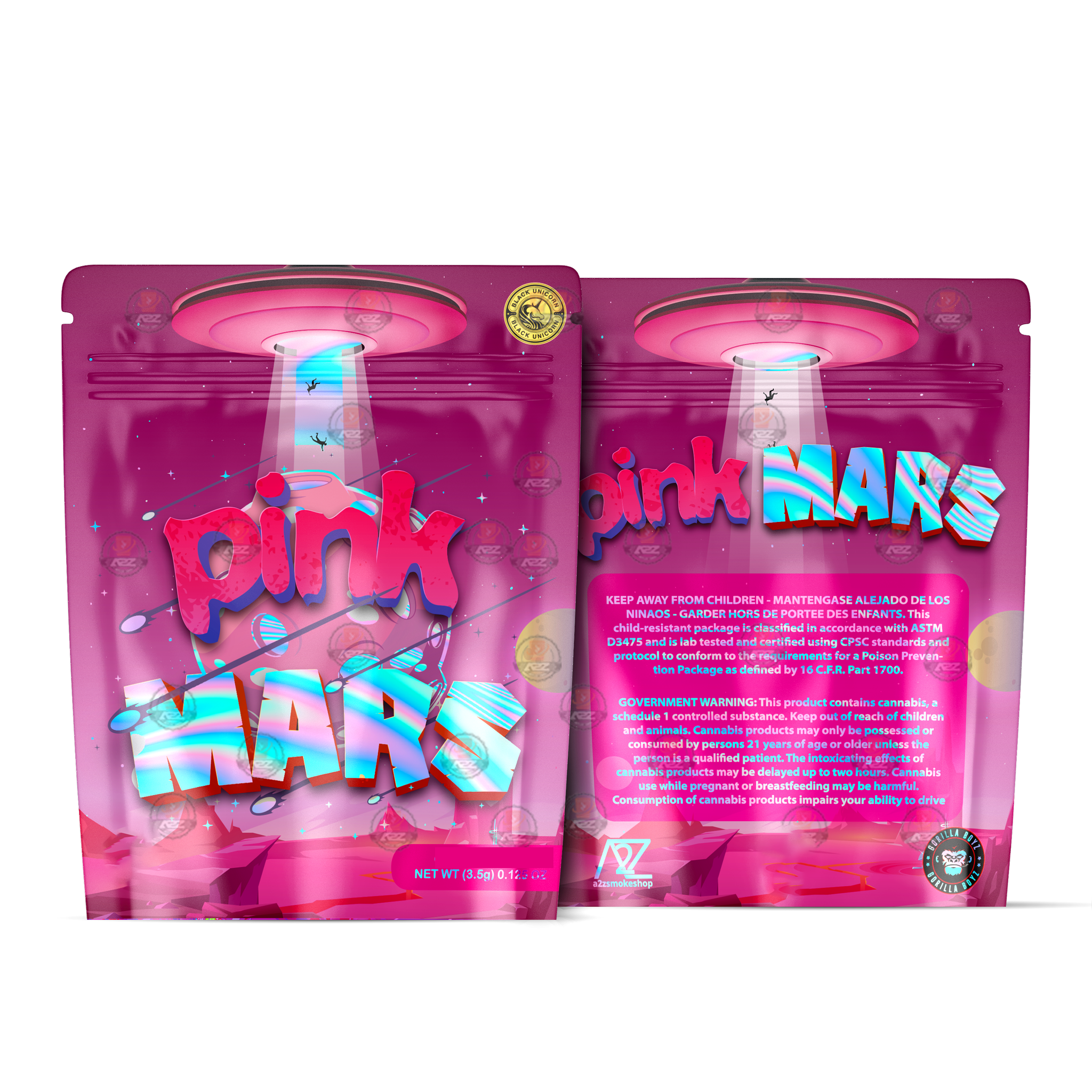 Pink Mars Holographic Mylar bag 3.5g - For Flower- Rob Mylar Bags