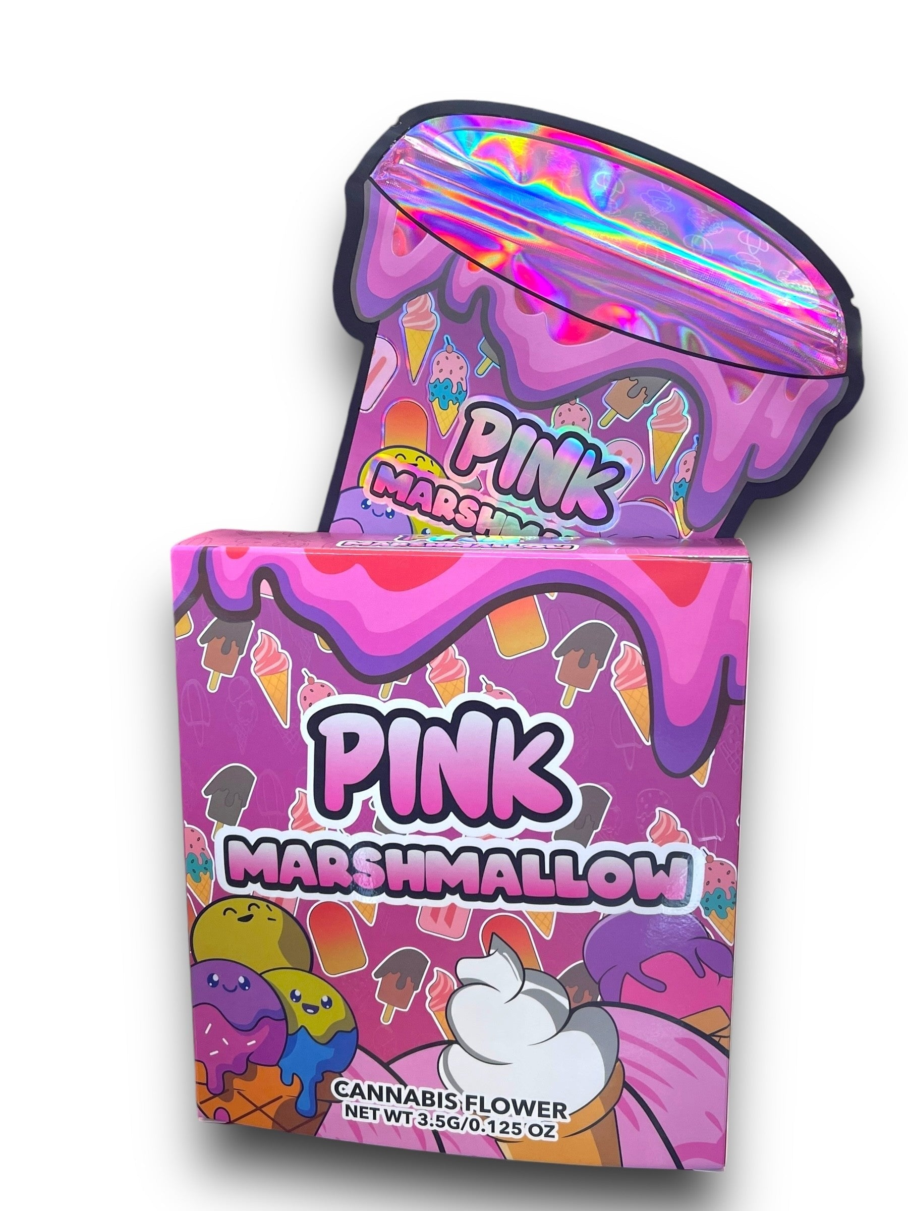 Pink Marshmallow Mylar Bags with Boxes 3.5g Box Packaging Holographic